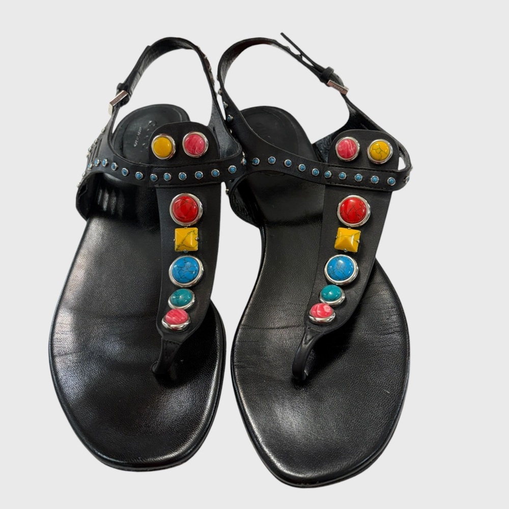 GUCCI Black Leather Strappy Sandals with Multicolor Stones Size 37 1/2